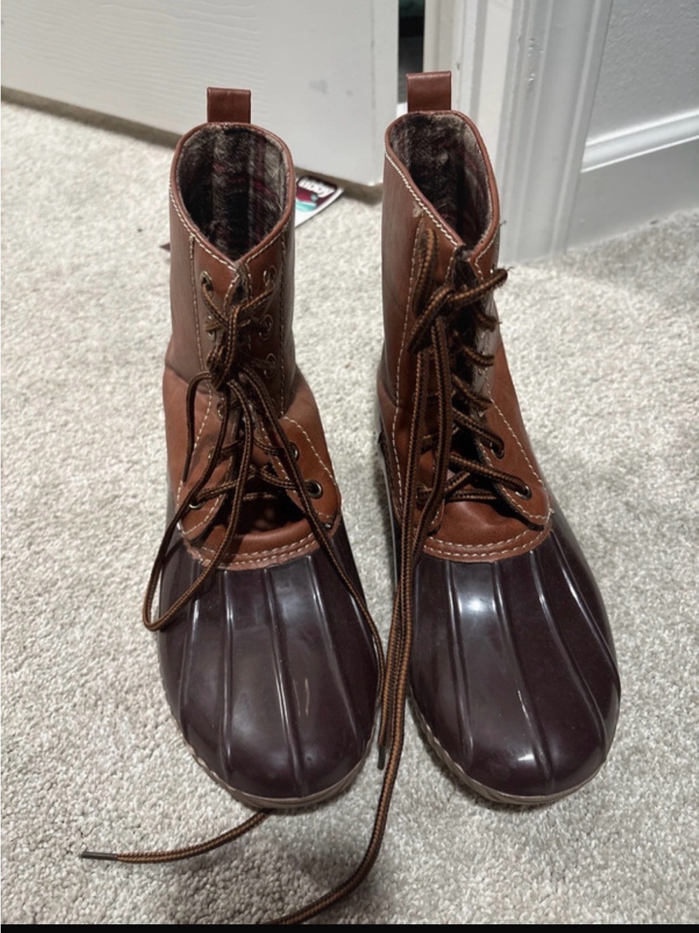 Women’s Brown Two-Tone Duck Boots - Lace-Up Waterproof Style